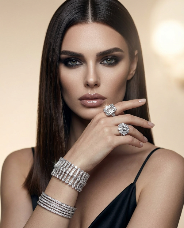 Woman wearing platinum and diamond  jewelry including rings and bracelets against a beige background